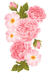 Watercolor pink rose and magenta flower bouquet arrangement