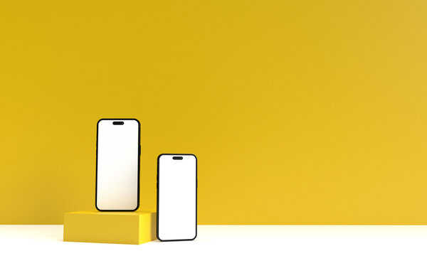 mobile smartphone white isolated background mock up empty yellow orange wallpaper copy space stage stand showcase podium presentation advertisement sale offer discount percent technology digital 