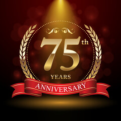 75th Anniversary. Anniversary logo design with Laurel wreath and red ribbon for celebration event, wedding, invitation, greeting card. Vector illustration