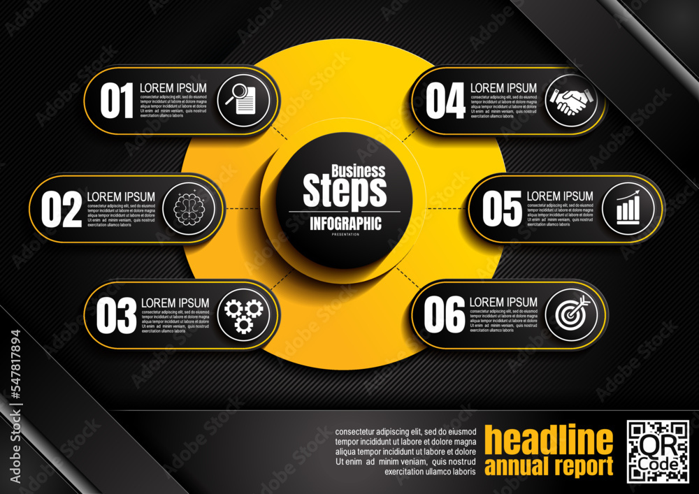 Wall mural infographics design, circle and square 6 process chart diagram template for presentation workflow, a