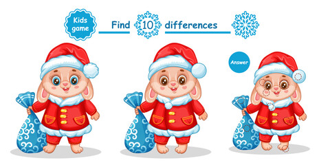 Cute Christmas bunny find 10 differences education children game. Compare New Year rabbits in Santa costume. Search match. Hare animal with holiday bag presents. Kid puzzle, logical exercise. Vector