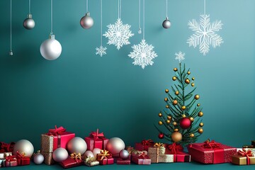 Fototapeta na wymiar christmas background with christmas tree, balls, snowflakes, gifts, boxes, presents, green background