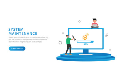 Obraz premium System maintenance concept. The process of upgrading to system update, replacing the newer version and installing the program. Vector illustration