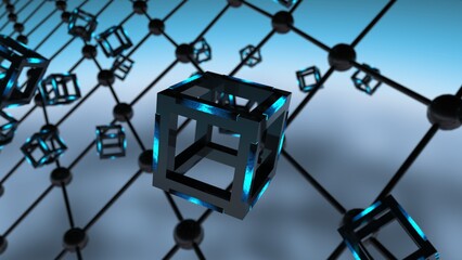 Fototapeta na wymiar Blue illuminated Hot Iron Black Cube with Atom Plane Structure under Black-Blue Background. Block-chain network technology concept illustration. 3D illustration. 3D CG. 3D high quality rendering. 