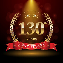 130th Anniversary. Anniversary logo design with Laurel wreath and red ribbon for celebration event, wedding, invitation, greeting card. Vector illustration