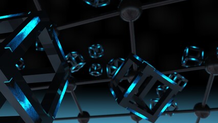 Blue illuminated Hot Iron Black Cube with Atom Plane Structure under Black-Blue Background. Block-chain network technology concept illustration. 3D illustration. 3D CG. 3D high quality rendering. 