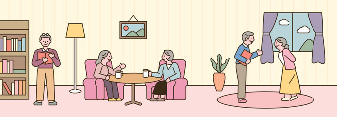 Inside a cozy nursing facility. The elderly are living a comfortable and enjoyable old age together. outline simple vector illustration. - obrazy, fototapety, plakaty