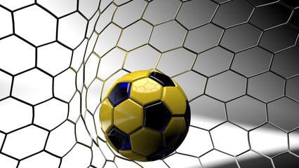 White-Black Soccer Ball in the Goal Net under black-blue background. 3D illustration. 3D CG. 3D Rendering. High resolution.