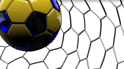White-Black Soccer Ball in the Goal Net under black-blue background. 3D illustration. 3D CG. 3D Rendering. High resolution.