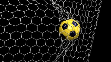 White-Black Soccer Ball in the Goal Net under black-blue background. 3D illustration. 3D CG. 3D Rendering. High resolution.