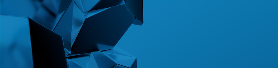 Vibrant Blue Glass Fragments form a Trendy Tech Banner. Reflective 3D Render with copy-space.