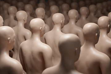 Many human clones in a row. Selective focusing. 3d illustration.
