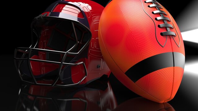 American football Red-Black helmet and Red-Black Ball under foggy black laser lighting. 3D illustration. 3D CG. 3D high quality rendering.