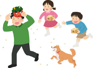 鬼役のお父さんと豆まきする子供たち_節分_ベクターイラスト