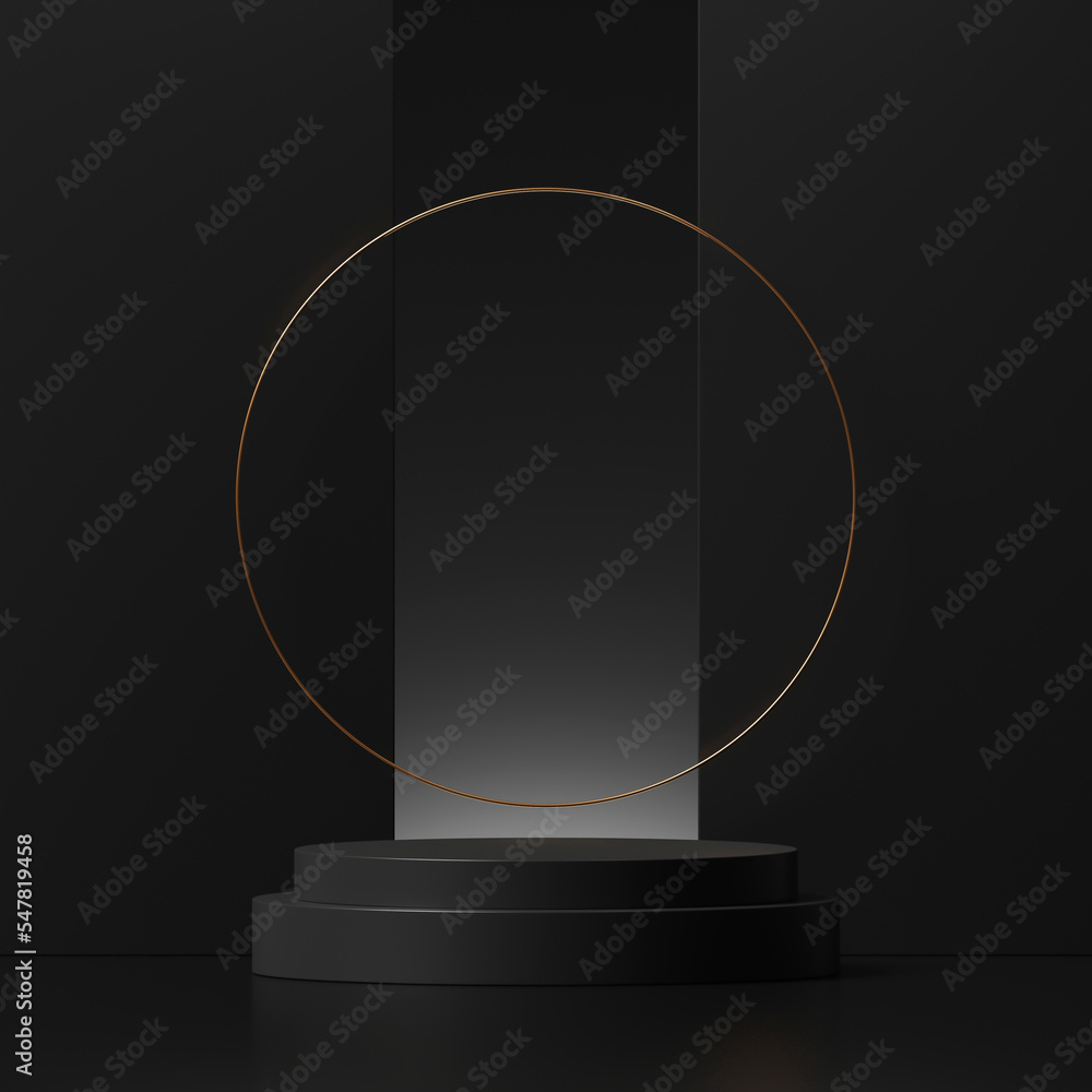 Poster black podium product platform display 3d background scene with empty presentation stage modern pedes