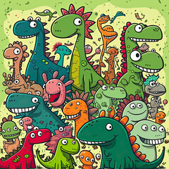 Doodle illustrations of funny friendly dinosaurs