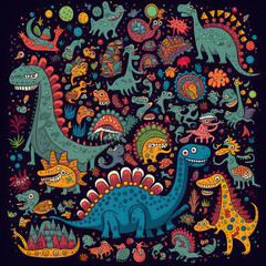 Fototapeta premium Doodle illustrations of funny friendly dinosaurs