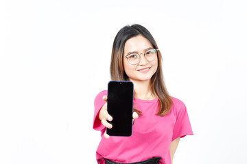 Fototapeta premium Showing Apps or Ads On Blank Screen Smartphone Of Beautiful Asian Woman Isolated On White Background