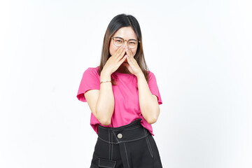 Fototapeta premium Covering mouth and smile Of Beautiful Asian Woman Isolated On White Background