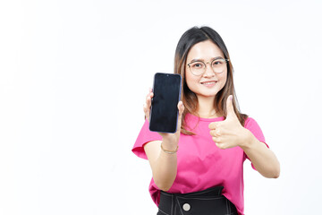 Showing Apps or Ads On Blank Screen Smartphone Of Beautiful Asian Woman Isolated On White Background