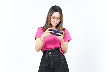 Naklejka premium Playing Mobile Game on Smartphone Of Beautiful Asian Woman Isolated On White Background