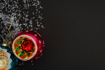 card, flyer, christmas black background with christmas balls and toys