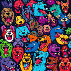 Doodle illustration of happy colorfull dogs