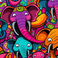 Fototapeta na wymiar Doodle illustration of freindly colorfull elephants