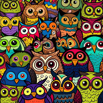 Doodle illustration of cute very colorfull owls