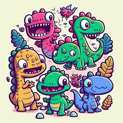 Dinosaurs doodle colorfull illustration