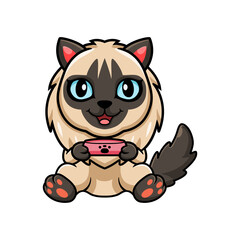 Cute balinese cat cartoon holding food bowl