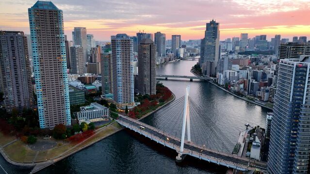 Tokyo aerial view at sunset, Japanese metropolis in the evening, modern urban skyscrapers in Tokyo, drone view of downtown Tokyo with Sumida River at sunset 