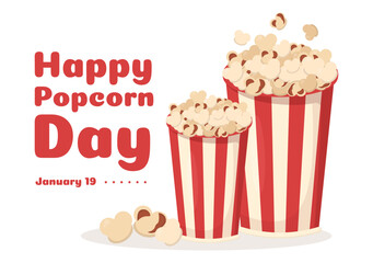 National Popcorn Day on January 19th with a Big Box of Red and White Stripe in Flat Cartoon Background Hand Drawn Templates Illustration