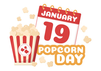 National Popcorn Day on January 19th with a Big Box of Red and White Stripe in Flat Cartoon Background Hand Drawn Templates Illustration