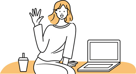 ベンチに座りながらノートパソコンで仕事をしているアジア人女性が手を振っているイラスト素材
