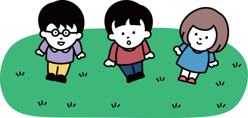 三人の子供が芝の上に座って上を見上げているイラスト素材