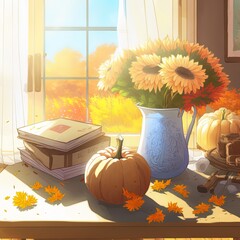 Autumn still life Autumn flowers and pumpkins composition in sunny light in modern rustic room Hello fall Happy Thanksgiving card Creative simple still life , anime style