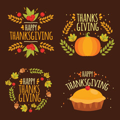 Thanksgiving day label collection decorated by seasonal design elements and isolated on brown background. Bundle of flat illustration. Colorful vector illustration for autumn holidays.