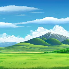 Spring green fields landscape with mountain, blue sky and clouds background,Panorama peaceful rural nature in springtime with green grass land. Cartoon 2d illustrated illustration for spring and