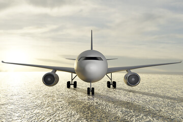 Fototapeta na wymiar 3D Illustration Aircraft or Airplane Front View. Isolated with cloud, sun, and white background, in the runway.
