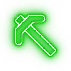 Neon green pickaxe icon, mining tool on transparent background
