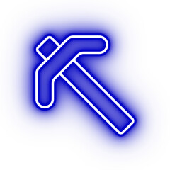 Neon blue pickaxe icon, mining tool on transparent background