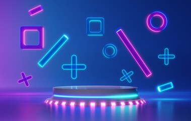 Podium backgrounds stage platform with glowing neon for product presentation and mock up. Minimal scene backdrop with clean design. Vacant pedestal for mock up. Empty stage for cosmetic. 3D render.