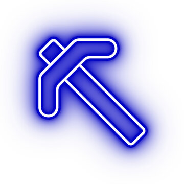 Neon blue pickaxe icon, mining tool on transparent background