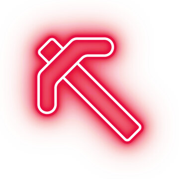 Neon red pickaxe icon, mining tool on transparent background