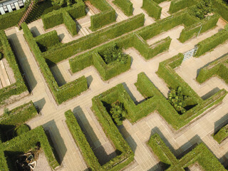 An aerial view of green maze “The Secret Space” in Ratchaburi, Thailand.