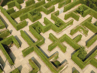 An aerial view of green maze “The Secret Space” in Ratchaburi, Thailand.