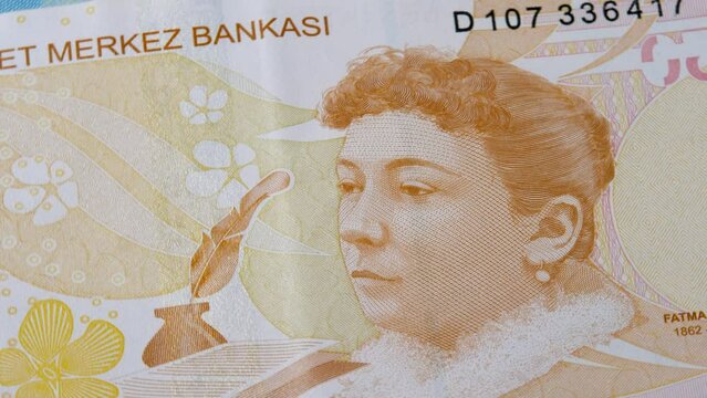 Humanitarian and women's rights activist Fatma Aliye Topuz on 50 turkish lira TRY banknote. Official currency of Republic of Turkey, paper bill