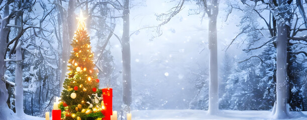 CHRISTMAS DECORATION AT THE TABLE WITH SNOW