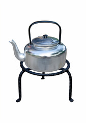 New silver kettle on tripod stove on white background
